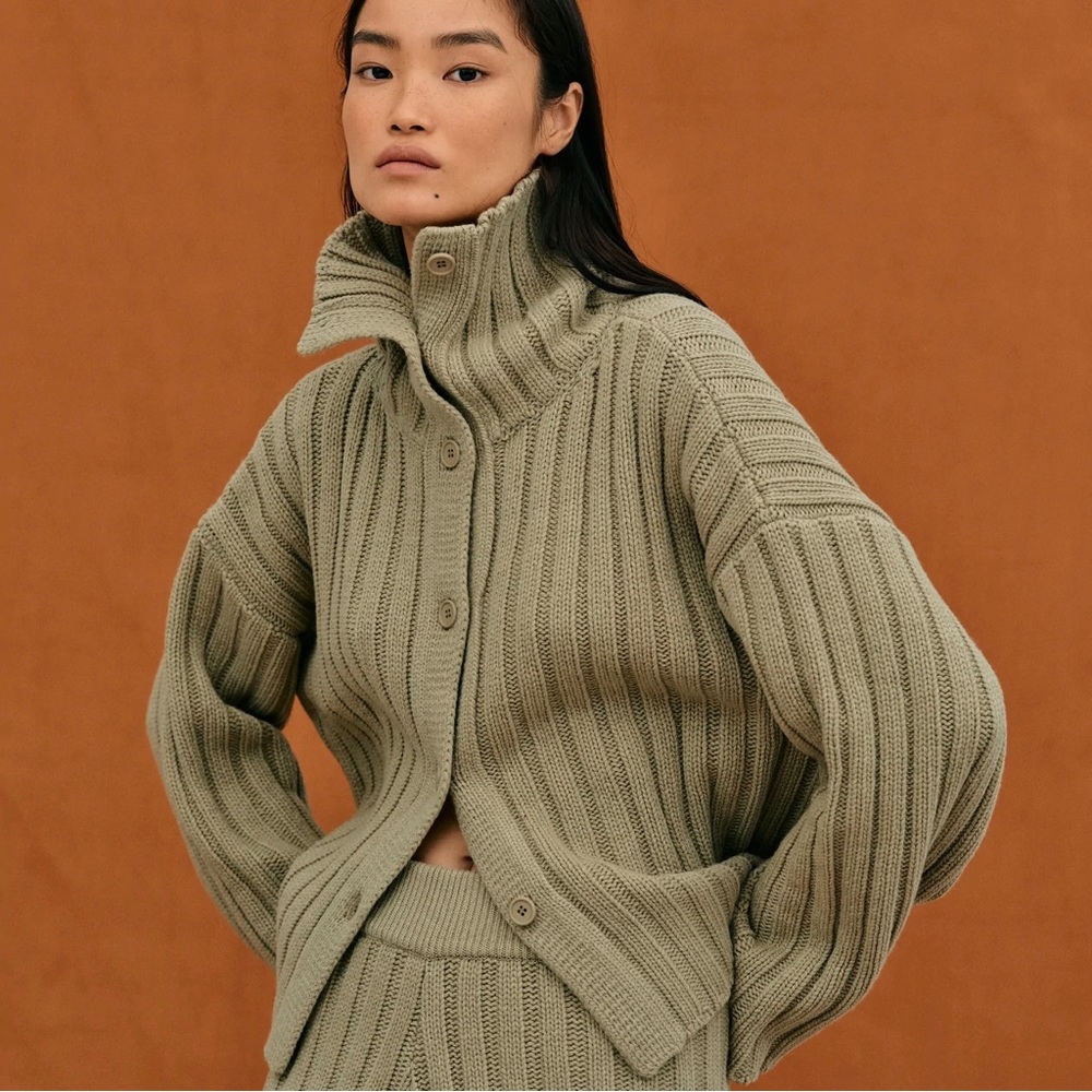 Source Unknown Stand Collar Rib Cardigan, Olive Melange